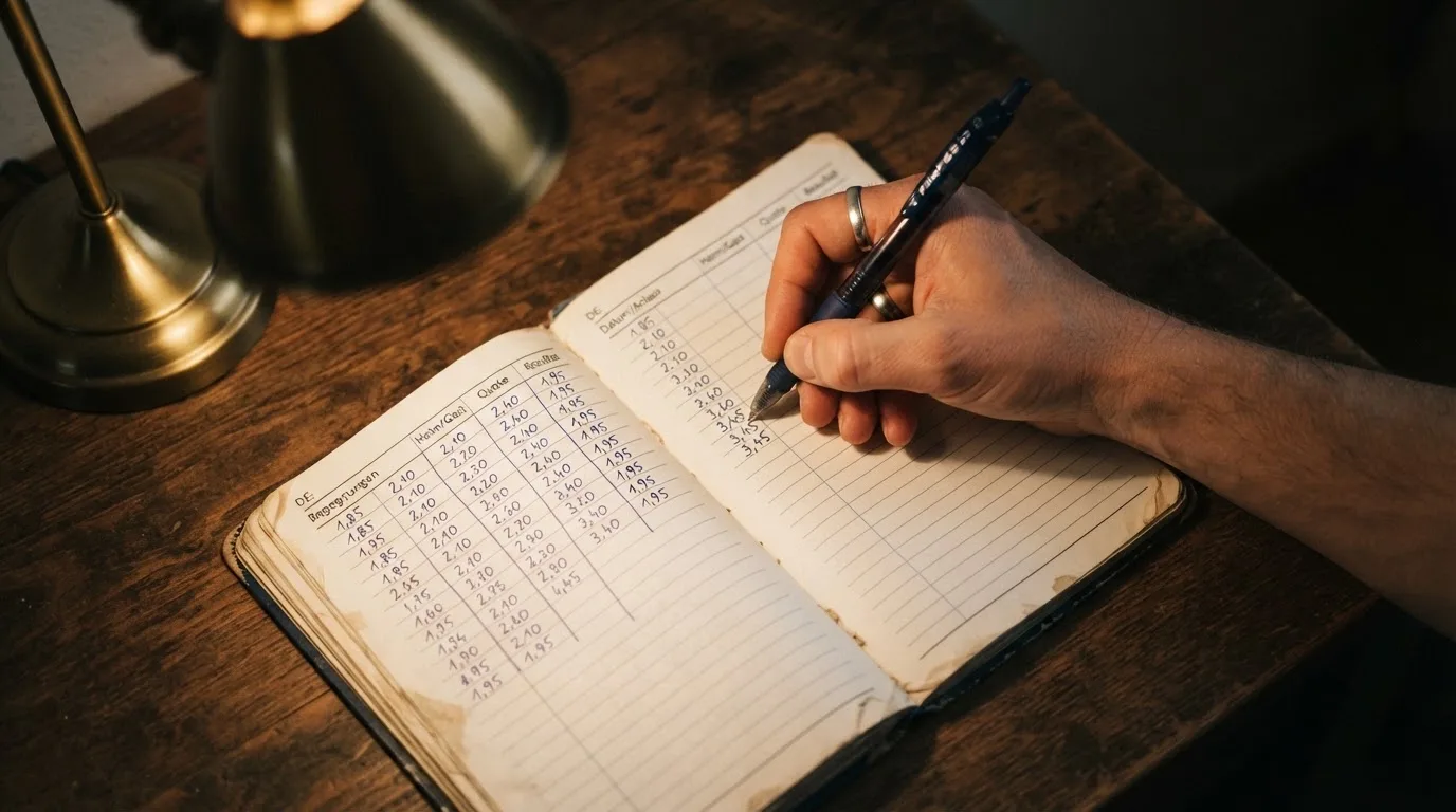 Ein Taschenrechner und ein aufgeschlagenes Notizbuch mit handschriftlichen Zahlenreihen liegen unter einer Schreibtischlampe.