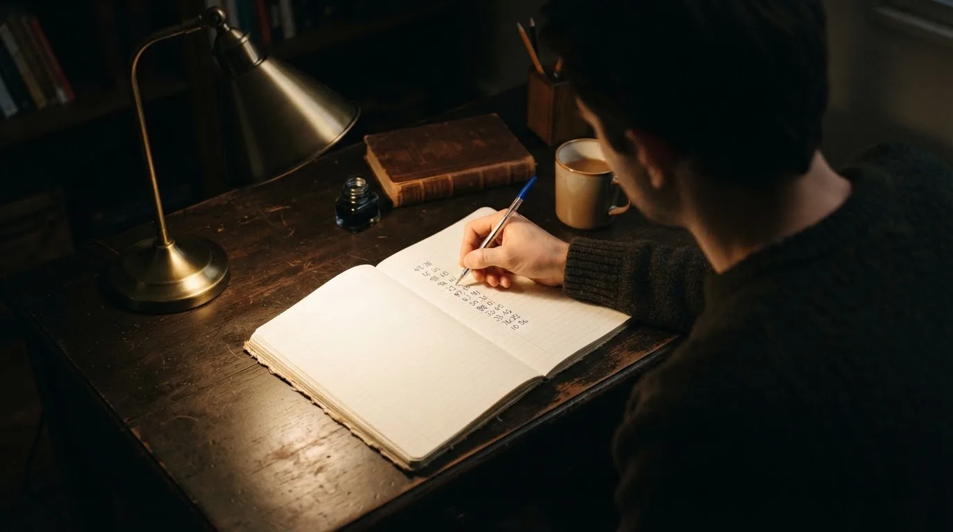 Ein Taschenrechner und ein aufgeschlagenes Notizbuch mit handschriftlichen Zahlenreihen liegen unter einer Schreibtischlampe.