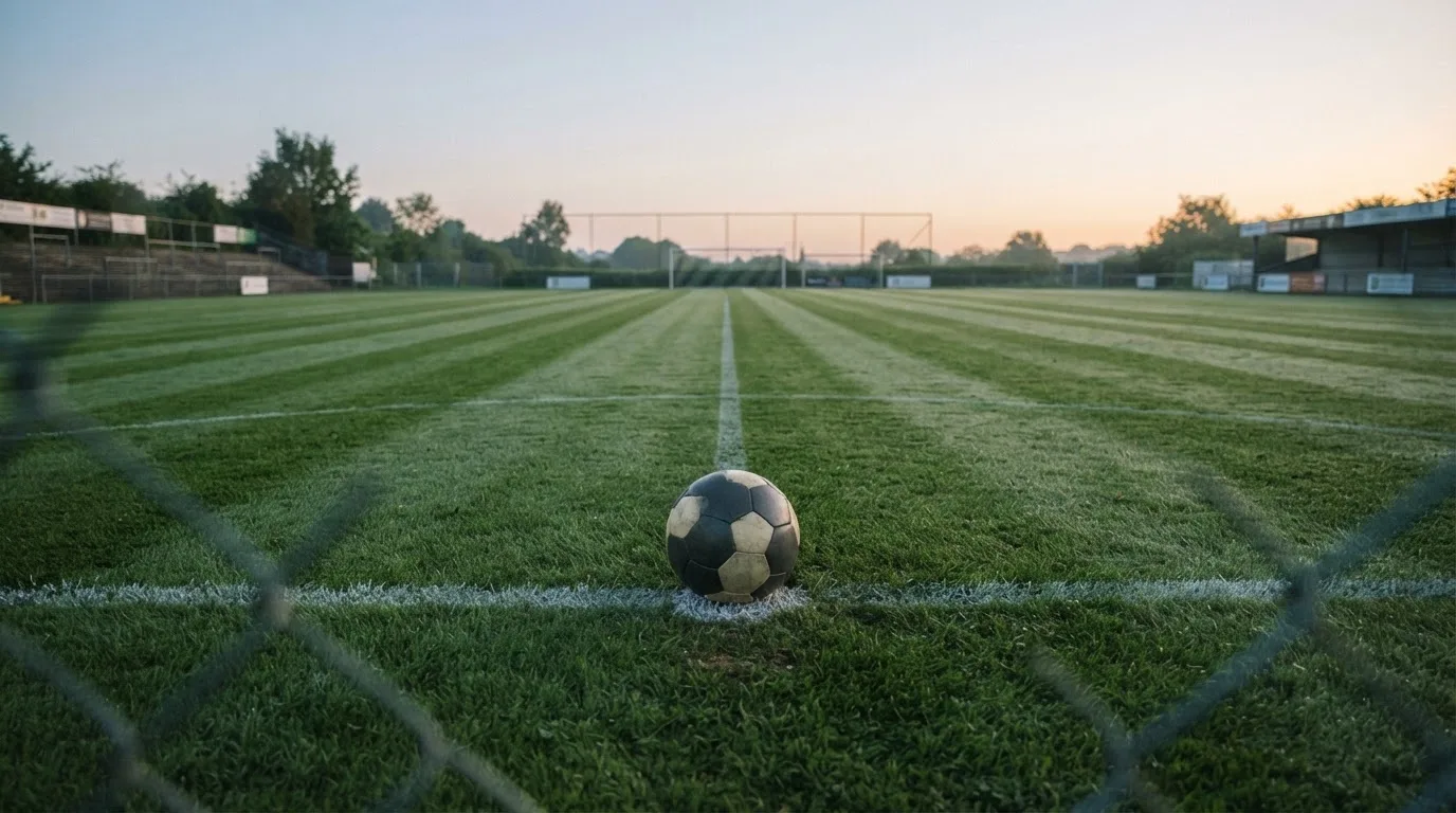 Ein Fußball liegt allein auf dem Anstoßpunkt eines leeren Rasenplatzes im Morgenlicht, am Rand ein niedriger Zaun.