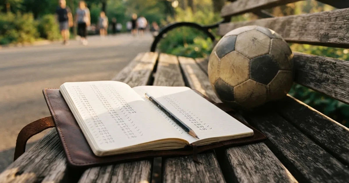 Ein Notizbuch mit handschriftlichen Zahlenkolonnen und ein Bleistift liegen neben einem Fußball auf einer Holzbank.