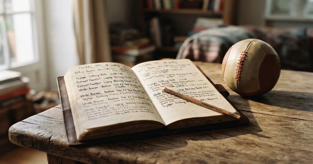 Ein Notizbuch mit handschriftlichen Notizen und einem Bleistift liegt auf einem Holztisch, daneben ein kleiner Fußball im weichen Tageslicht.