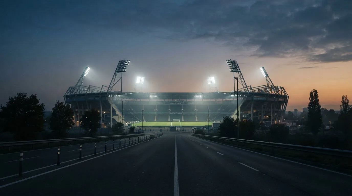 Ein Stadion unter Flutlicht aus der Ferne gesehen, davor eine leere Straße in der Abenddämmerung mit leichtem Dunst.