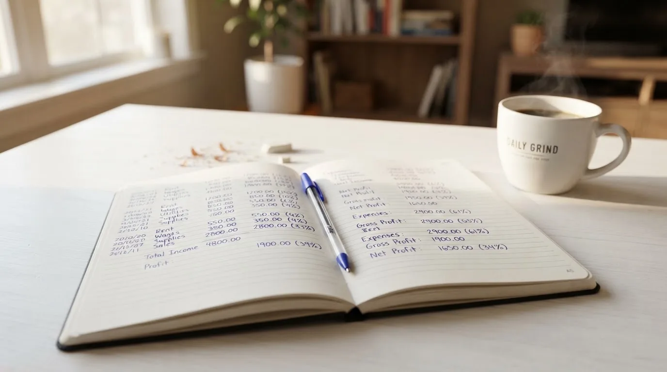 Ein Notizbuch mit handschriftlichen Rechnungen und ein Taschenrechner liegen auf einem hellen Schreibtisch neben einer Kaffeetasse.
