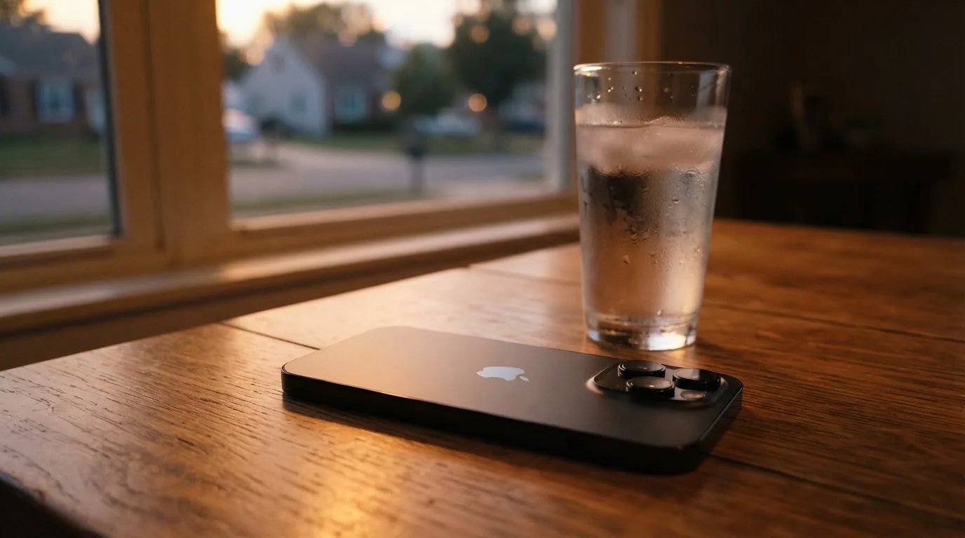 Ein Smartphone liegt mit dem Display nach unten auf einem Holztisch neben einem Glas Wasser, Abendlicht fällt durch ein Fenster.