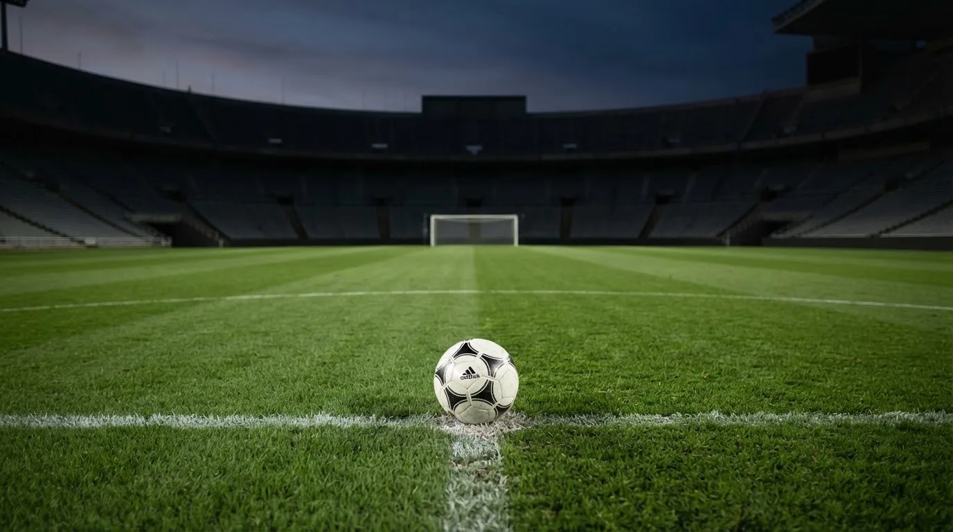 Ein Fußball liegt auf dem Anstoßpunkt eines leeren Rasenplatzes, dahinter ragen dunkle Ränge in den Abendhimmel.