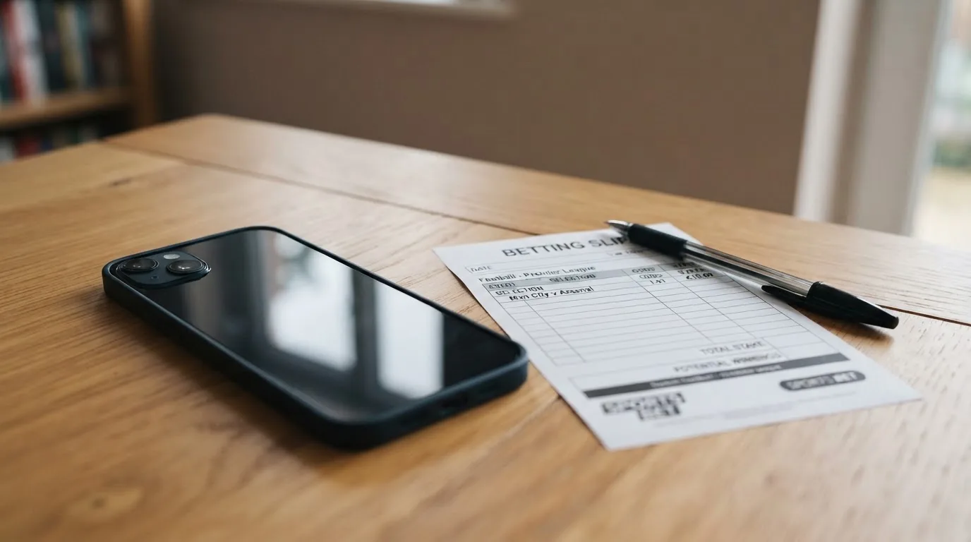 Ein Smartphone mit dunklem Display liegt neben einem leeren Papier-Wettschein und einem Stift auf einem Holztisch.