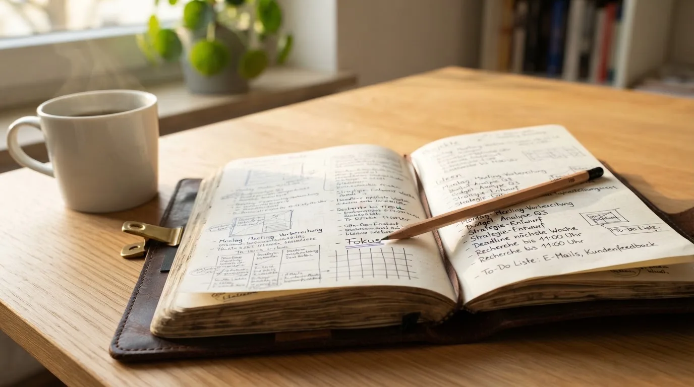 Ein Notizbuch mit handschriftlichen Notizen und einem Bleistift liegt auf einem Tisch, daneben steht eine Kaffeetasse im Morgenlicht.