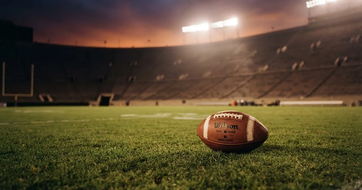 Ein American-Football-Ball liegt auf einem Rasenplatz unter Flutlicht, im Hintergrund eine große Tribüne in der Dämmerung.