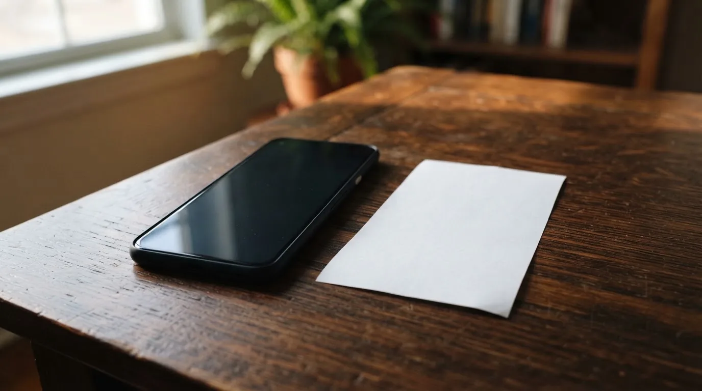 Ein Smartphone liegt mit dunklem Display auf einem Holztisch neben einem leeren Papier-Wettschein, Licht fällt von einem Fenster.