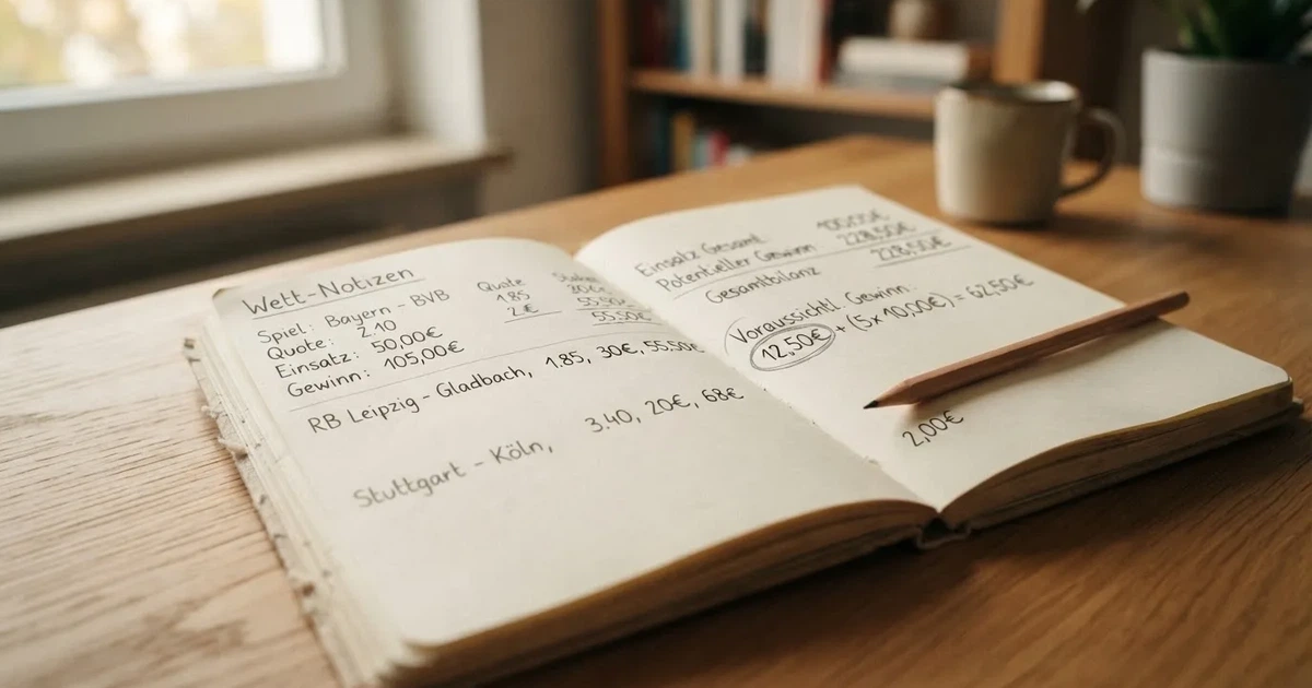 Ein Notizbuch mit handschriftlichen Notizen und einem Bleistift liegt neben einem Taschenrechner auf einem aufgeräumten Schreibtisch.
