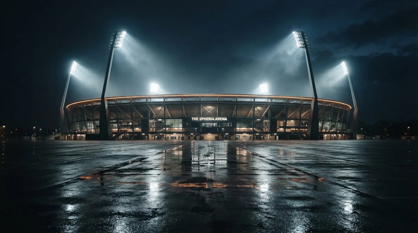 Ein Stadion unter Flutlicht von weitem betrachtet, davor ein stiller Platz bei Dunkelheit und feuchtem Asphalt.
