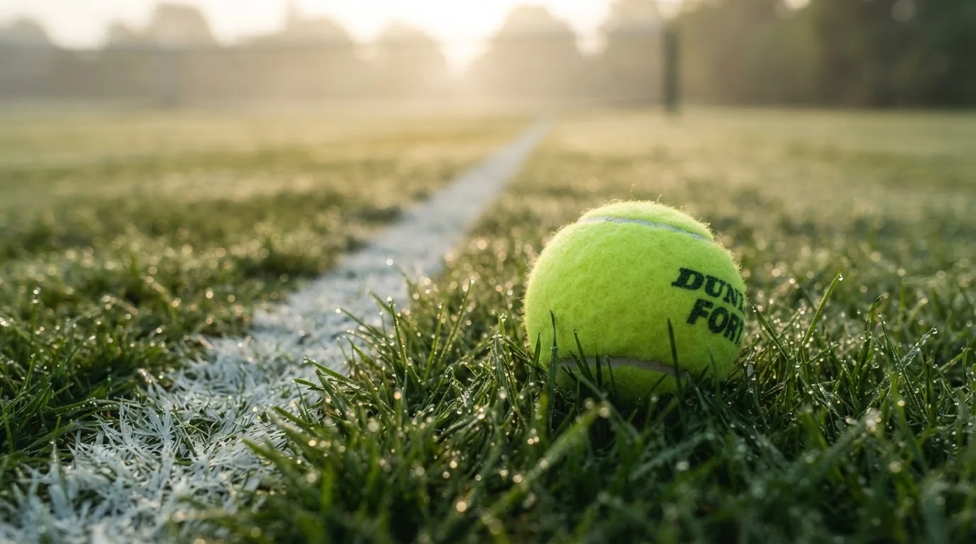 Ein Tennisball liegt auf frisch gemähtem Gras neben einer weißen Linie, Tautropfen glänzen im Gegenlicht.