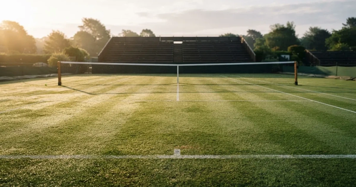 Ein Tennisplatz mit Rasenbelag im Morgenlicht, Netz und weiße Linien, im Hintergrund eine ruhige Tribüne.