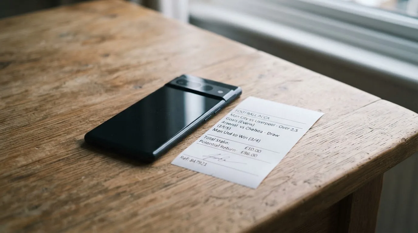 Ein Smartphone mit dunklem Display liegt neben einem leeren Papier-Wettschein auf einem Tisch am Fenster.