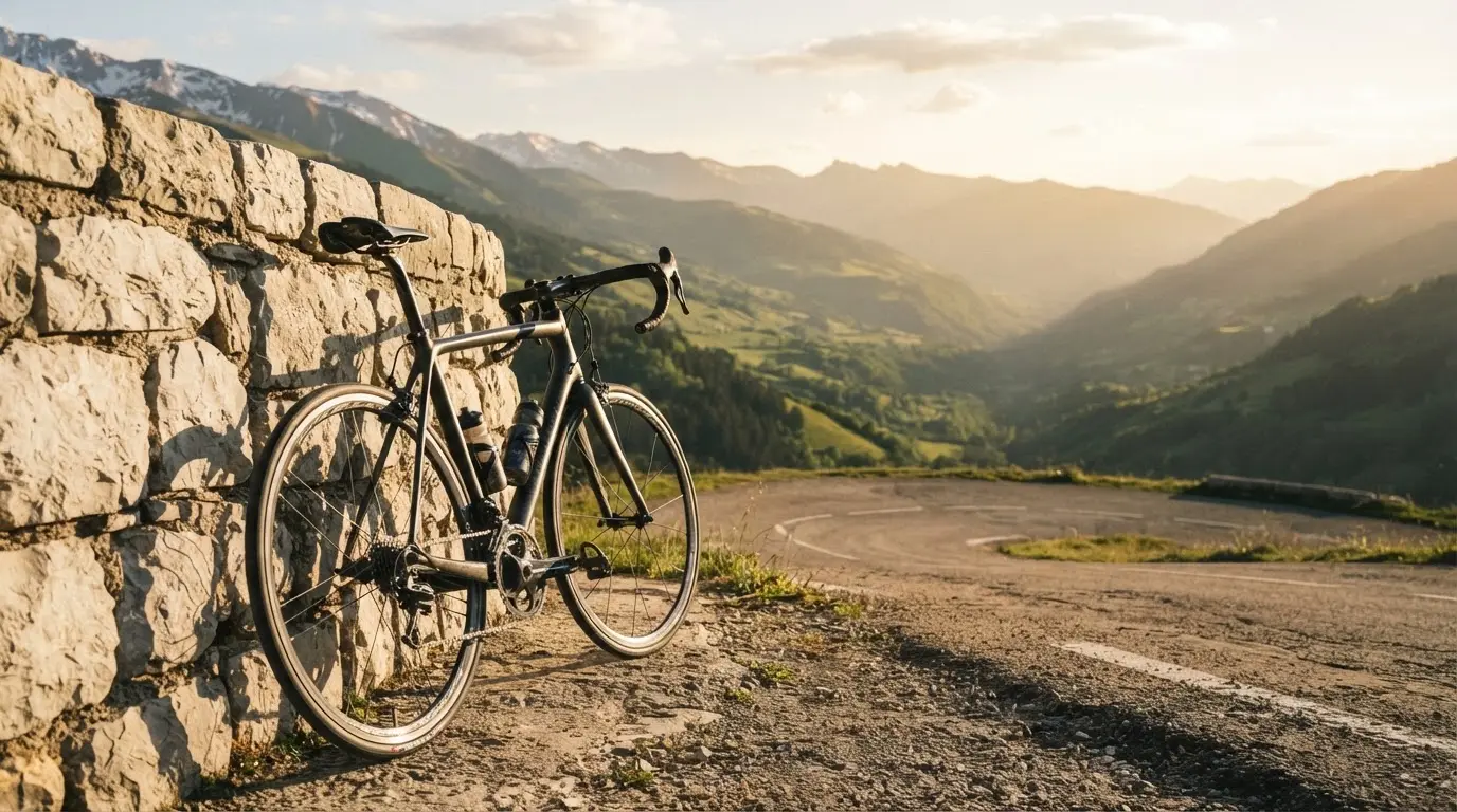 Ein Rennrad lehnt an einer Steinmauer in einer Bergkurve, im Hintergrund eine weite Hügellandschaft im Gegenlicht.