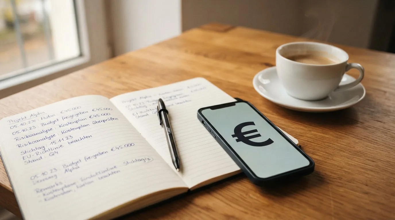 Ein Smartphone liegt auf einem Tisch neben einem Notizbuch mit handschriftlichen Notizen und einer Tasse Kaffee.