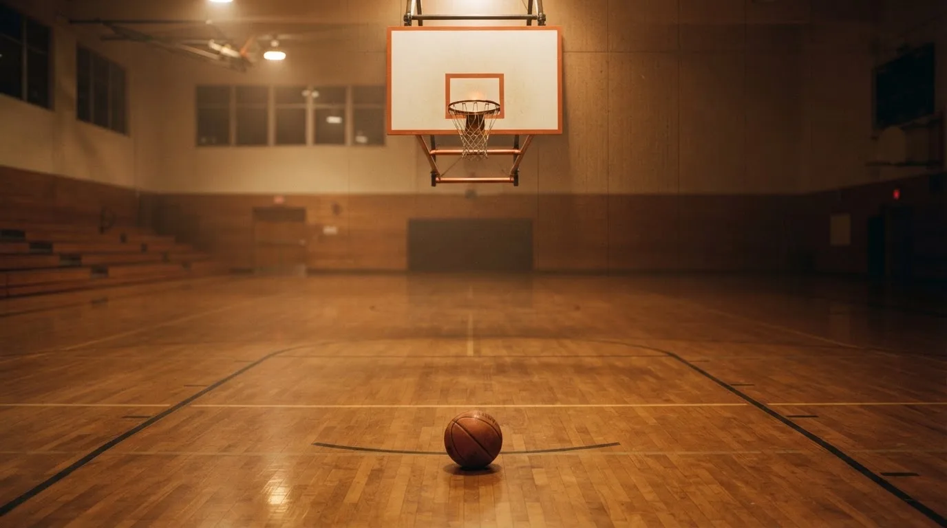 Ein Basketballkorb in einer leeren Halle, der Ball liegt unter dem Brett auf dem Parkett.