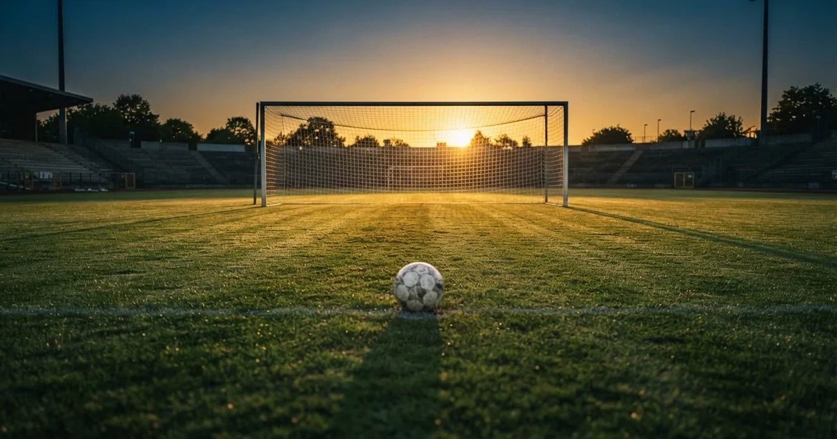 Ein Fußballtor mit Netz im Gegenlicht auf einem leeren Platz am Abend, davor ein Ball auf dem Rasen.