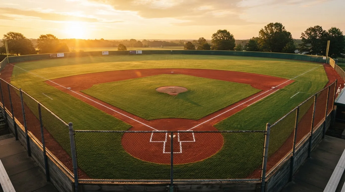 Ein Baseballfeld mit leerem Infield im Morgenlicht, die Linien frisch gezogen, keine Spieler im Bild.