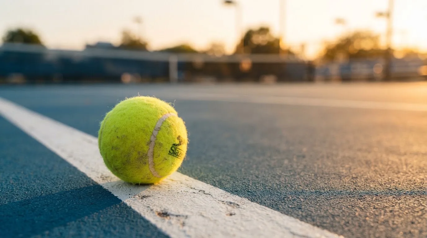 Ein Tennisball liegt in Nahaufnahme auf einer Grundlinie, dahinter verschwimmt ein leerer Platz in warmem Licht.
