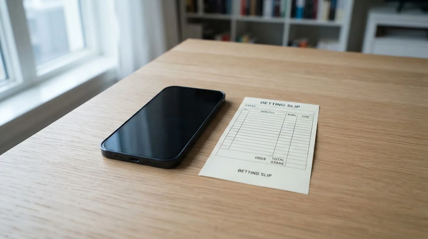 Ein Smartphone mit dunklem Display liegt neben einem leeren Papier-Wettschein auf einem Tisch, Licht fällt von der Seite.