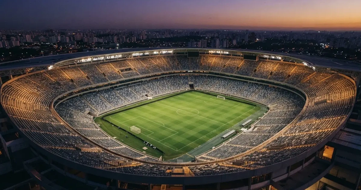 Ein riesiges Stadion in der Abenddämmerung aus der Vogelperspektive gesehen, die Lichter an den Rängen sind eingeschaltet.