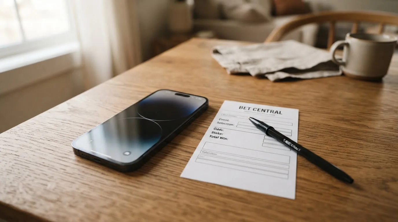 Ein Smartphone liegt mit dunklem Display neben einem leeren Papier-Wettschein und einem Stift auf einem Holztisch.