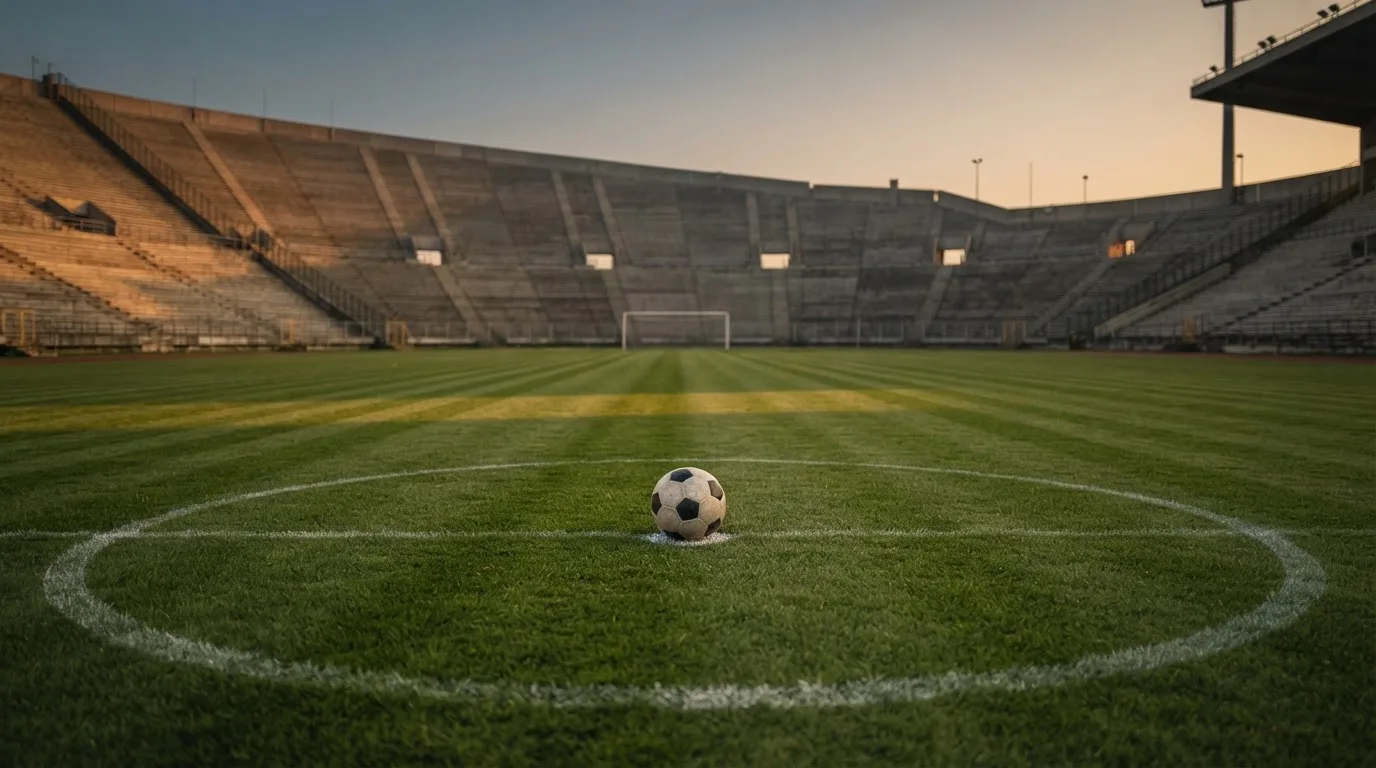 Ein Fußball liegt auf dem Anstoßpunkt eines Rasenplatzes, dahinter eine leere Tribüne im Abendlicht.