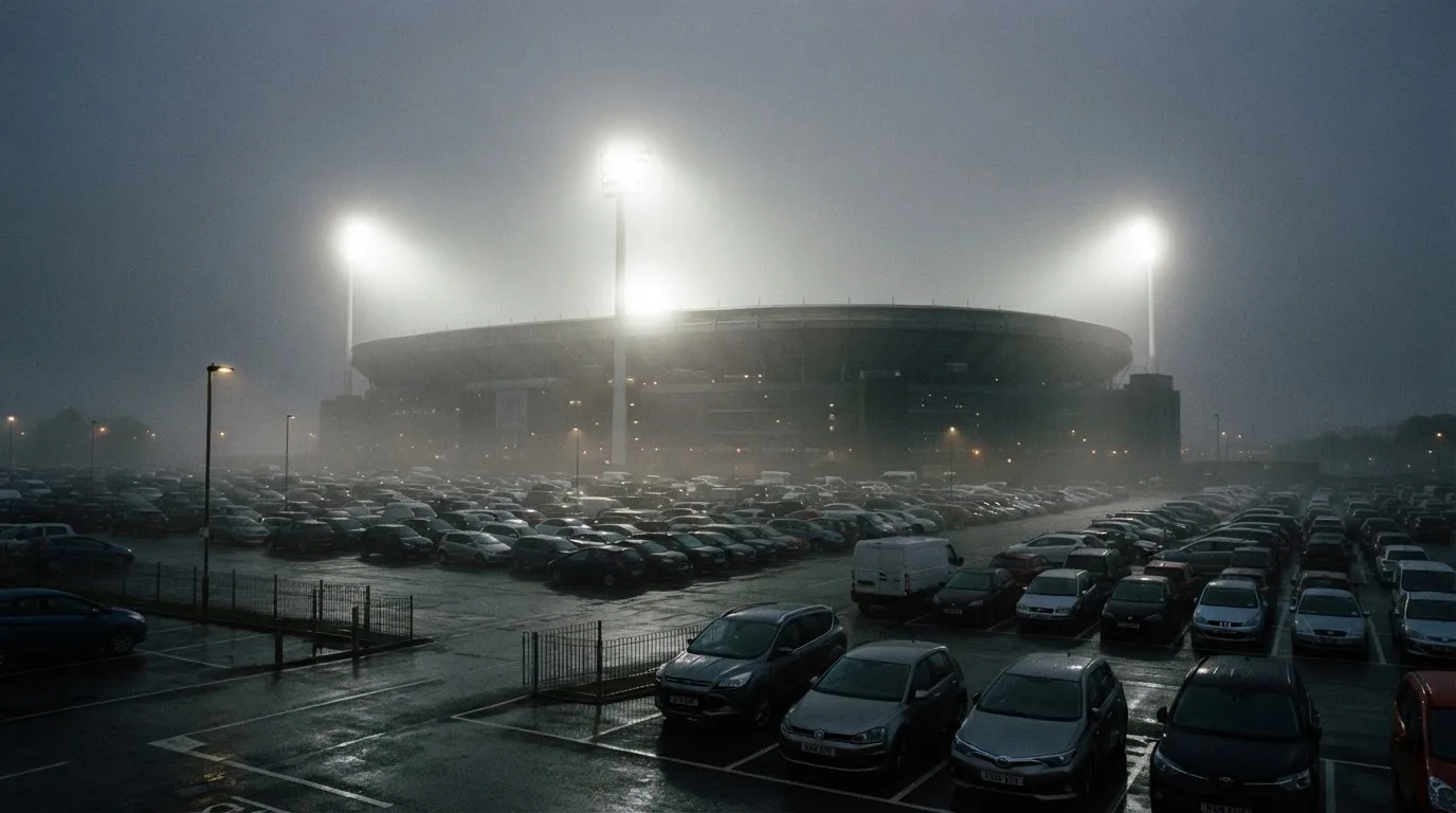 Ein Stadion unter Flutlicht aus der Ferne gesehen, davor ein stiller Parkplatz bei Nebel.