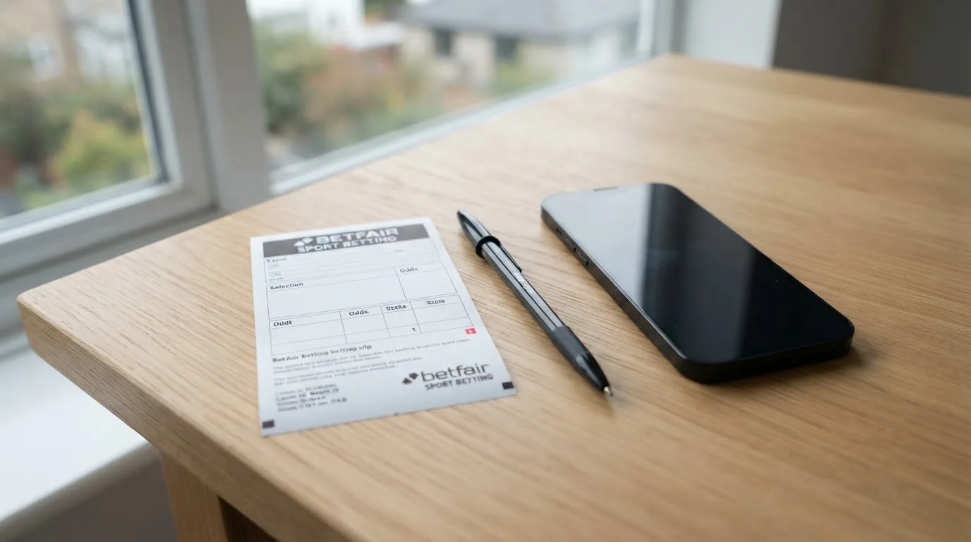 Ein leerer Papier-Wettschein und ein Kugelschreiber liegen neben einem Smartphone mit dunklem Display auf einem Schreibtisch am Fenster.