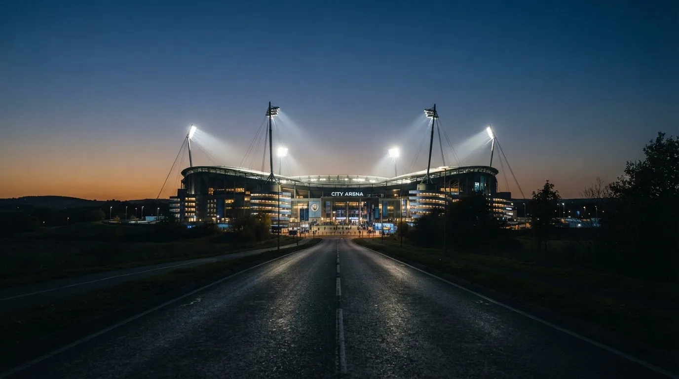 Ein Stadion unter Flutlicht aus großer Entfernung, davor eine leere Straße in der Abenddämmerung.