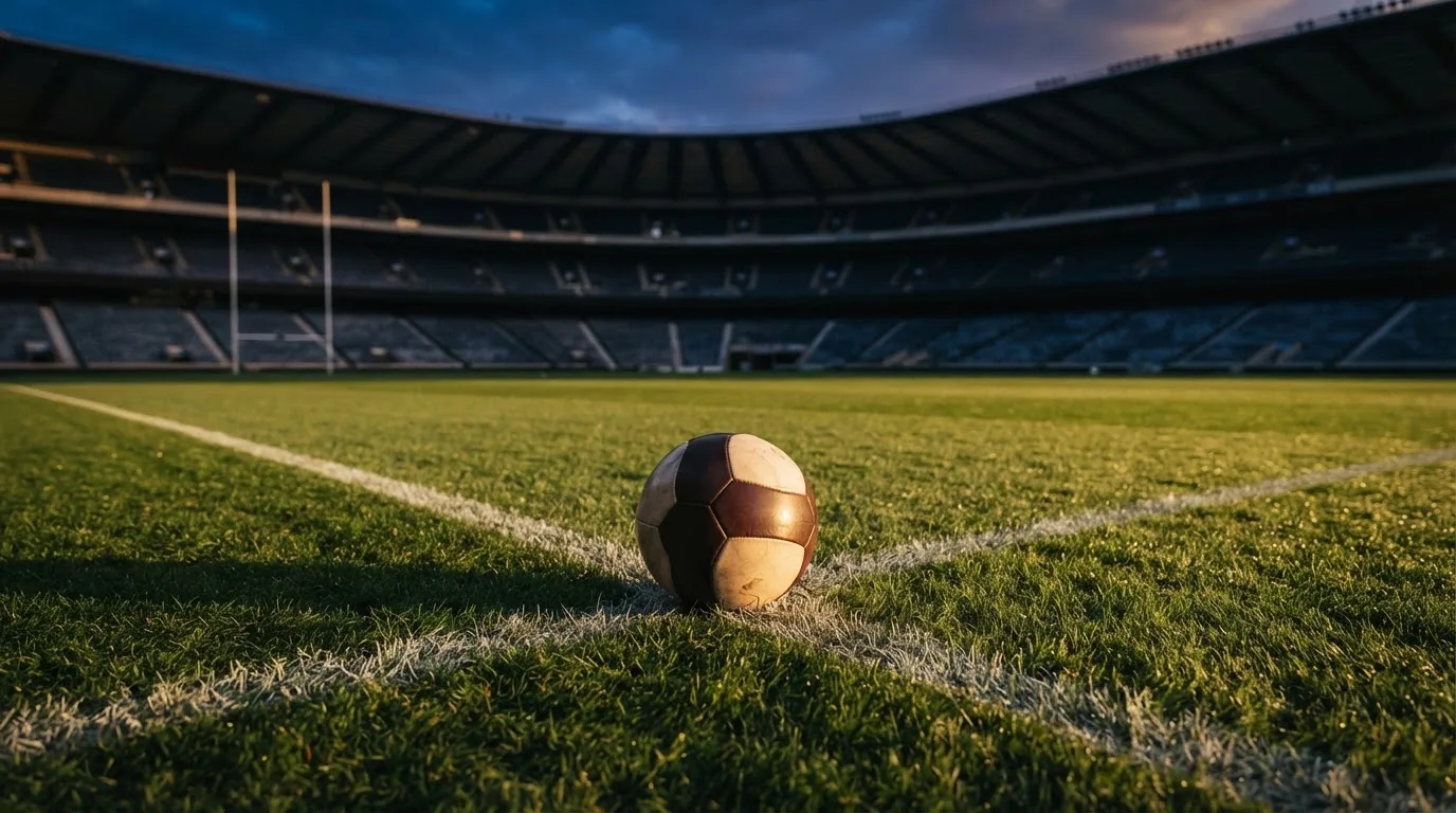 Ein Fußball liegt auf dem Anstoßpunkt eines Rasenplatzes, dahinter eine leere Tribüne im Abendlicht.