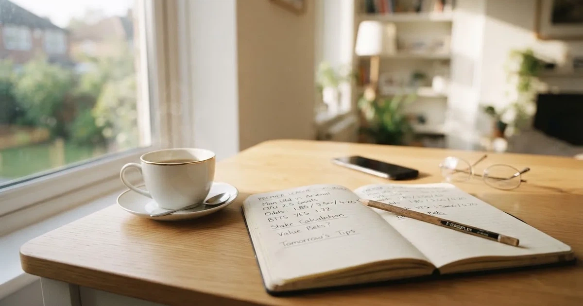 Eine Kaffeetasse, ein Notizbuch mit handschriftlichen Notizen und ein Bleistift auf einem hellen Schreibtisch am Morgen.