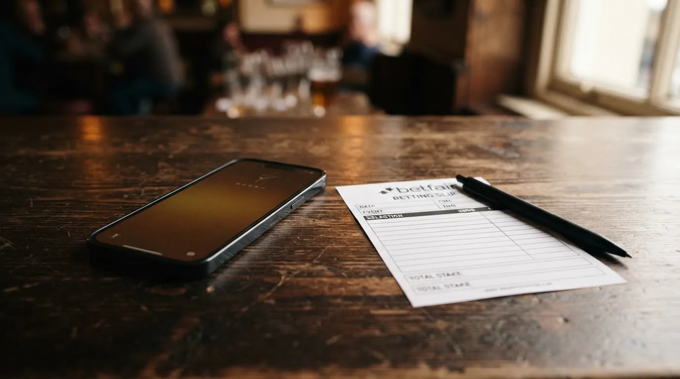 Ein Smartphone mit dunklem Display liegt neben einem leeren Papier-Wettschein auf einem Holztisch, Licht fällt von der Seite.