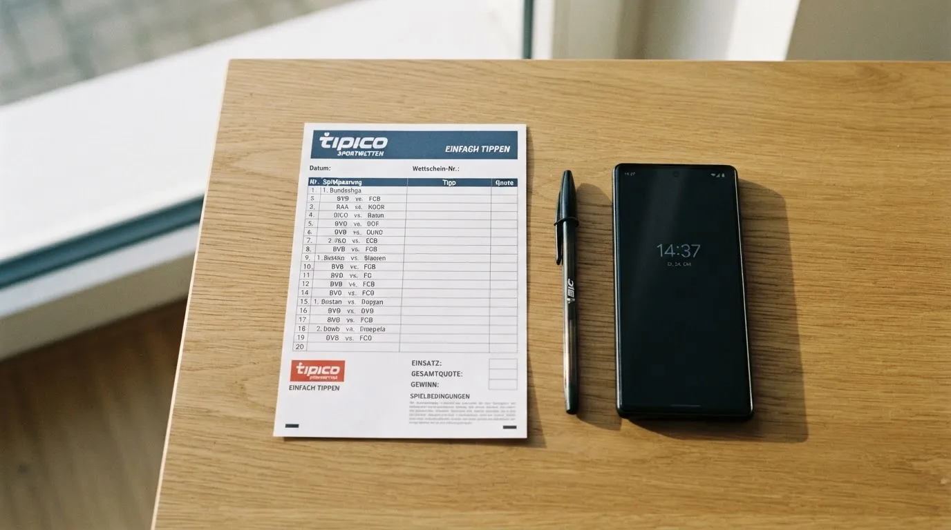Ein leerer Papier-Wettschein und ein Kugelschreiber liegen neben einem Smartphone mit dunklem Display auf einem Schreibtisch am Fenster.