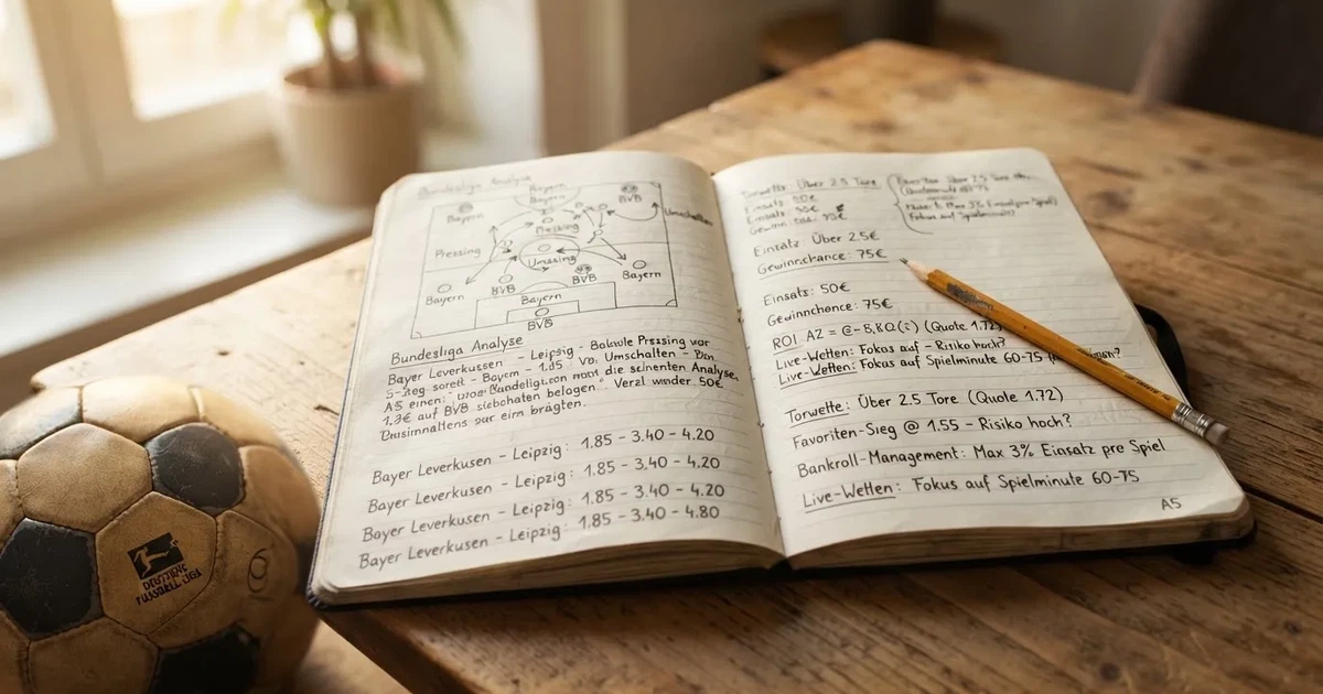 Ein Notizbuch mit handschriftlichen Notizen und einem Bleistift liegt auf einem Holztisch, daneben ein kleiner Fußball im Tageslicht.