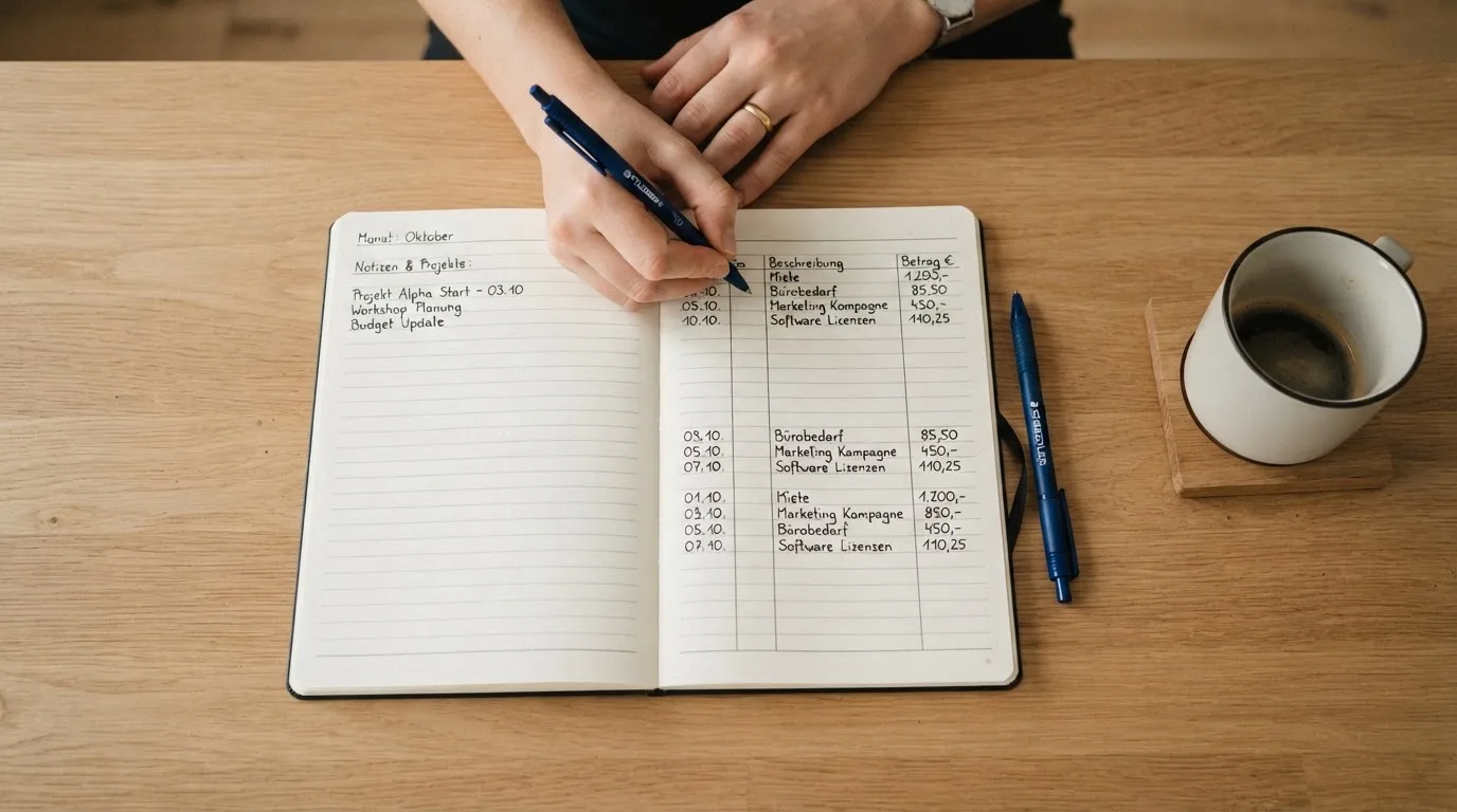 Ein Notizbuch mit handschriftlichen Notizen und ein Taschenrechner stehen auf einem Schreibtisch, daneben eine Tasse.