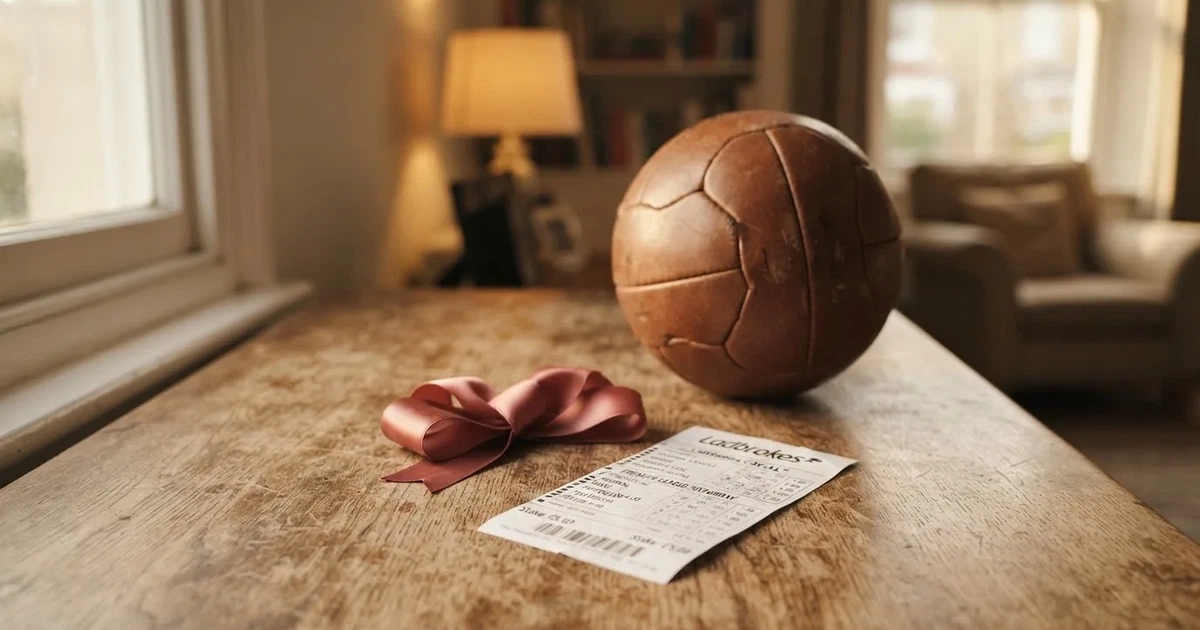 Ein kleines Geschenkband liegt neben einem Fußball und einem leeren Papier-Wettschein auf einem Holztisch im Tageslicht.