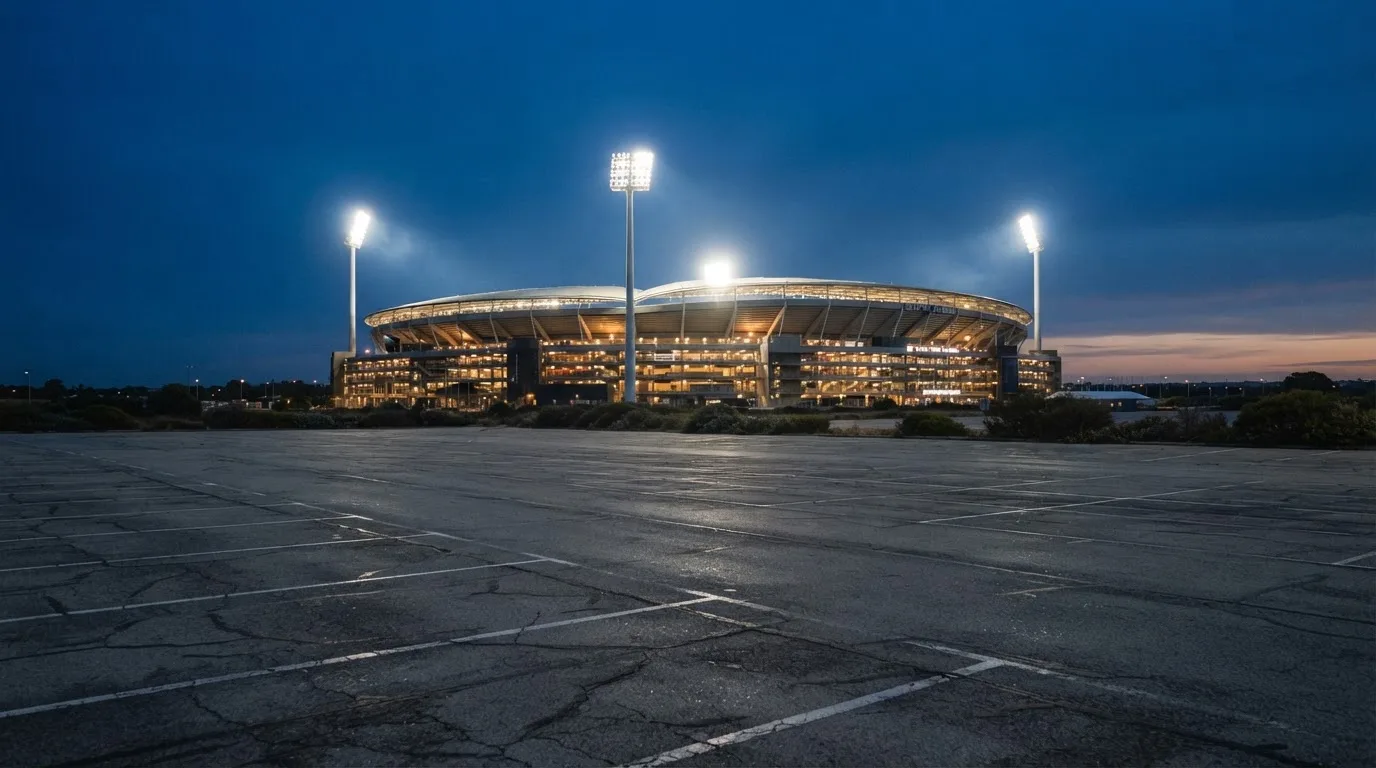 Ein Stadion unter Flutlicht aus der Ferne gesehen, davor ein leerer Parkplatz im Dunst.