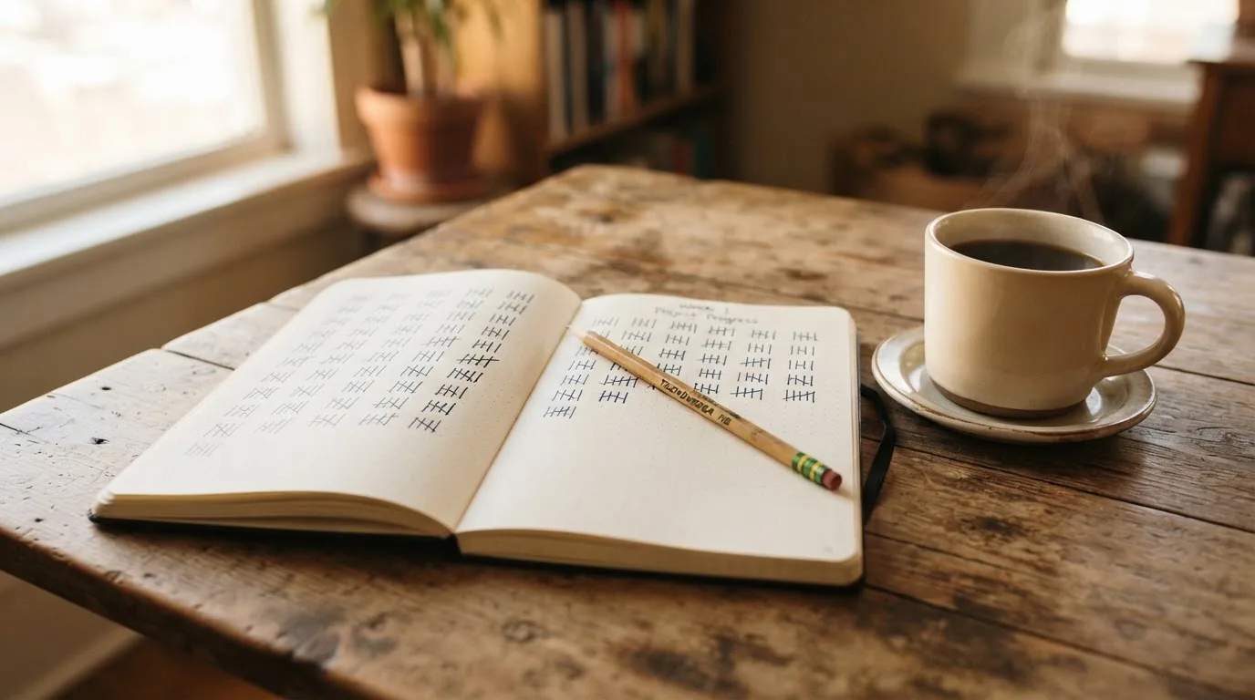 Ein Notizbuch mit handgeschriebenen Strichlisten liegt neben einem Bleistift und einer Kaffeetasse auf einem Holztisch.