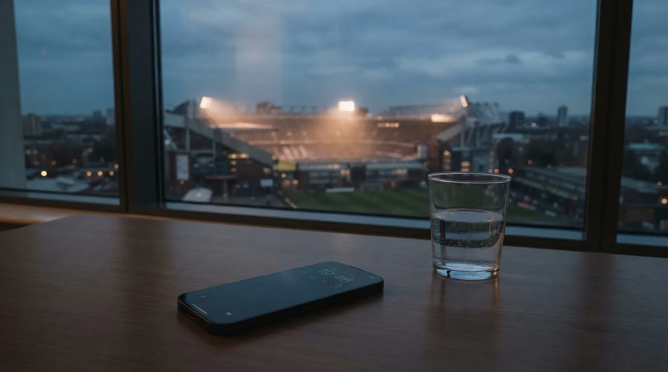 Ein Smartphone mit dunklem Display liegt auf einem Schreibtisch neben einem Glas Wasser, im Fenster dahinter ein Stadion im Dämmerlicht.