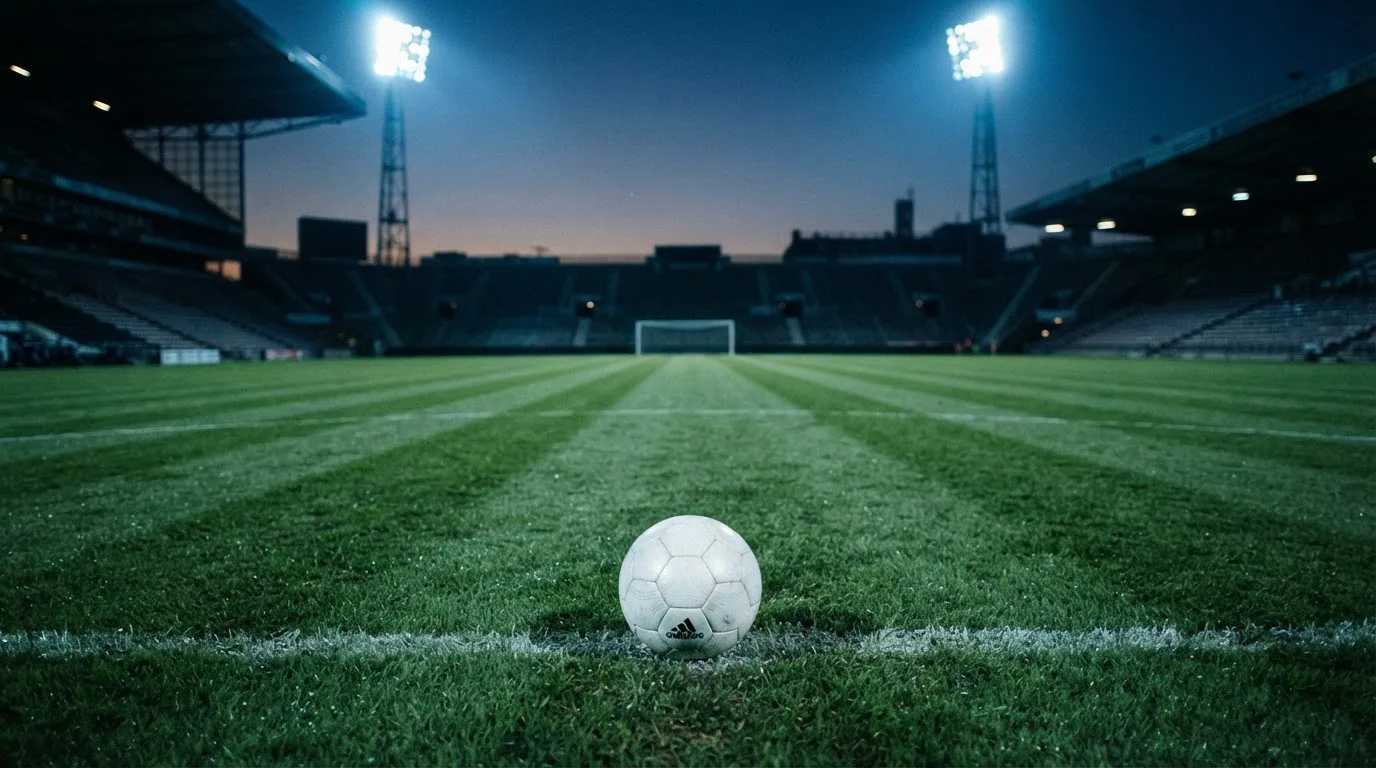 Ein Fußball liegt auf dem Mittelkreis eines leeren Rasenplatzes unter Flutlicht am frühen Abend, die Tribünen sind nur schemenhaft zu erkennen.