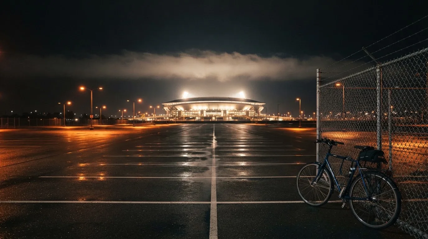 Ein Stadion unter Flutlicht aus der Ferne gesehen, davor ein dunkler Parkplatz und ein einzelnes Fahrrad an einem Zaun.
