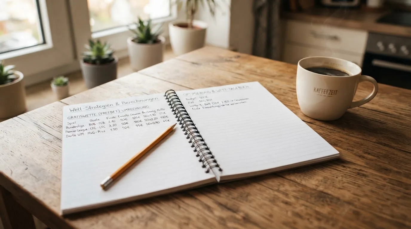 Ein Notizbuch mit handschriftlichen Zahlenreihen und ein Bleistift liegen auf einem Küchentisch neben einer Tasse.