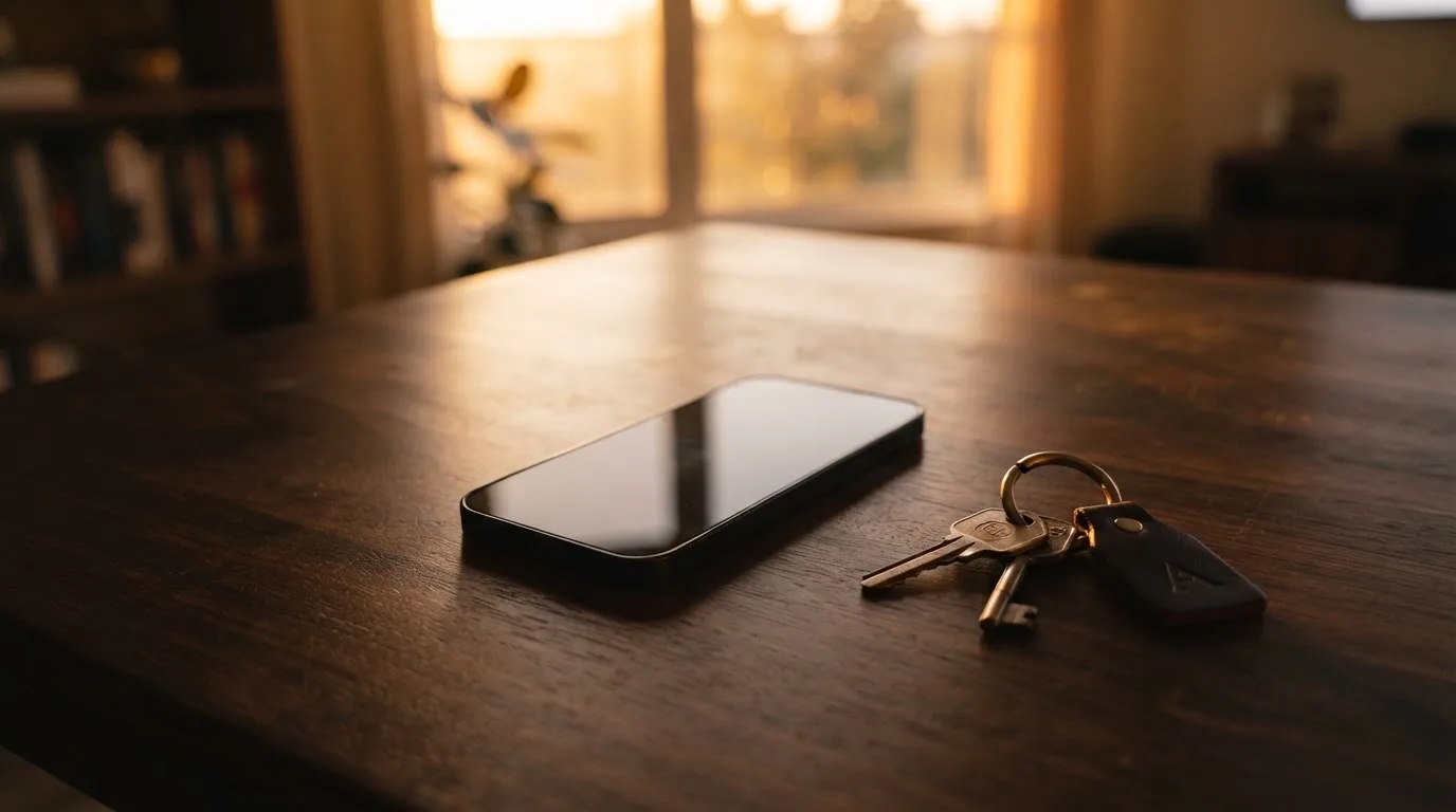 Ein Smartphone mit dunklem Display liegt auf einem Holztisch, daneben ein Schlüsselbund, im Hintergrund ein Fenster mit Abendlicht.