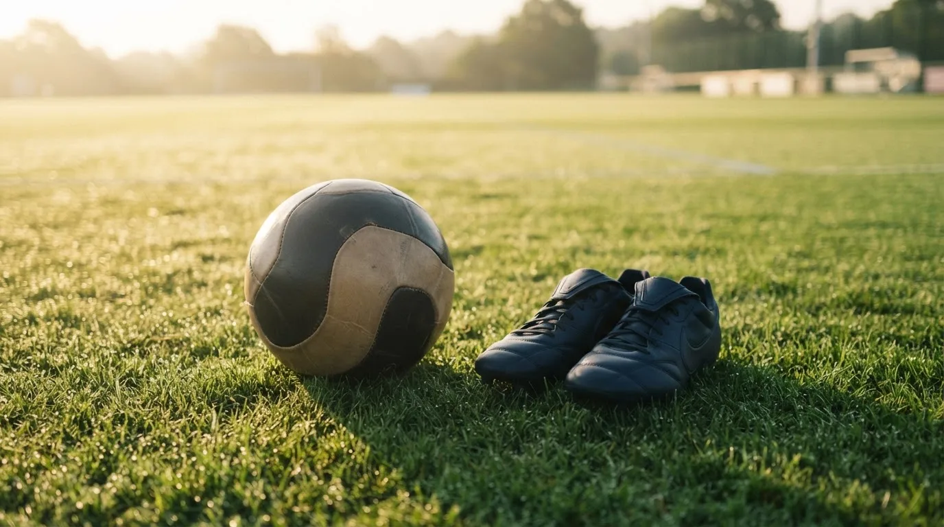 Ein Fußball auf frisch gemähtem Rasen im Morgenlicht, daneben ein Paar Fußballschuhe ohne erkennbare Marke.