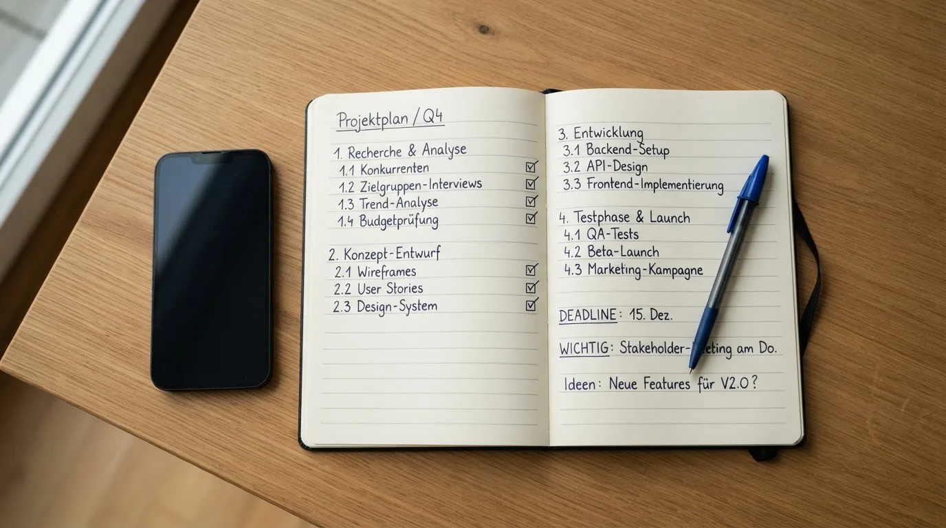 Ein Notizbuch mit handgeschriebenen Zahlen und ein Kugelschreiber liegen auf einem Tisch, daneben ein Smartphone mit schwarzem Bildschirm.