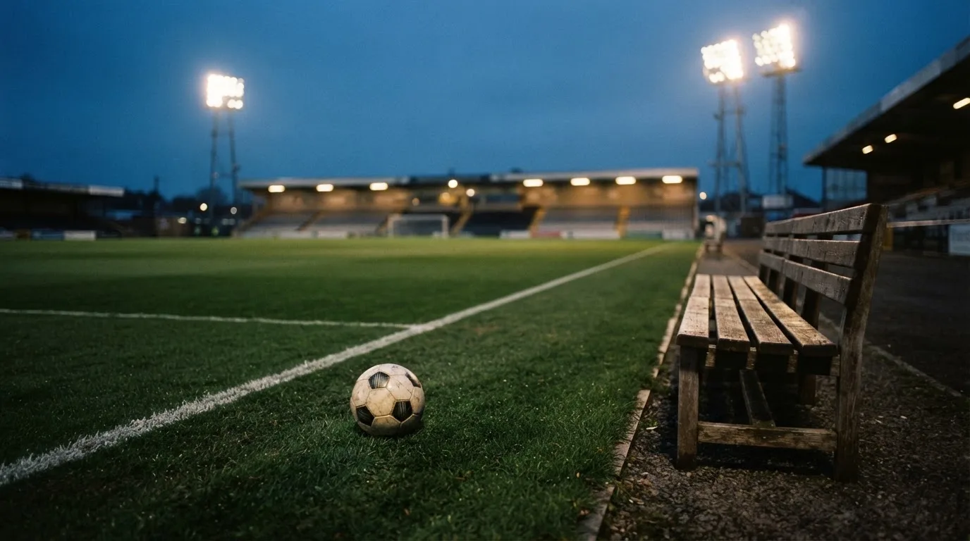 Ein Fußball liegt am Spielfeldrand neben einer leeren Ersatzbank, das Flutlicht über dem Platz leuchtet in der Dämmerung.
