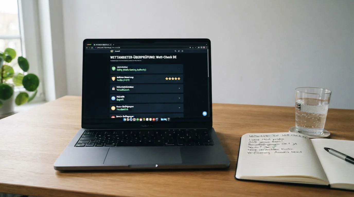 Ein Laptop mit dunklem Bildschirm steht aufgeklappt auf einem Schreibtisch, daneben ein Notizbuch und ein Glas Wasser.