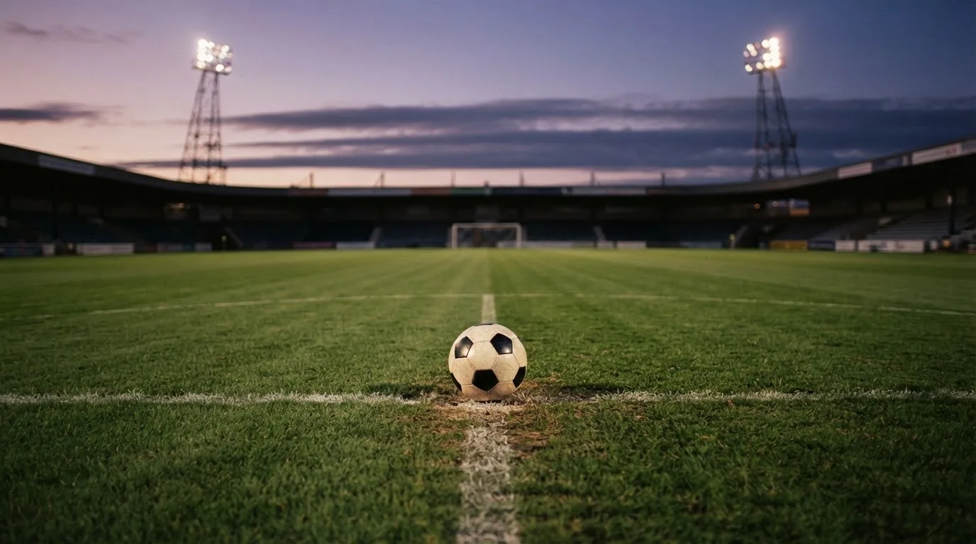 Ein Fußball liegt auf dem Anstoßpunkt eines Rasenplatzes in der Abenddämmerung, Flutlichtmasten stehen unscharf im Hintergrund.